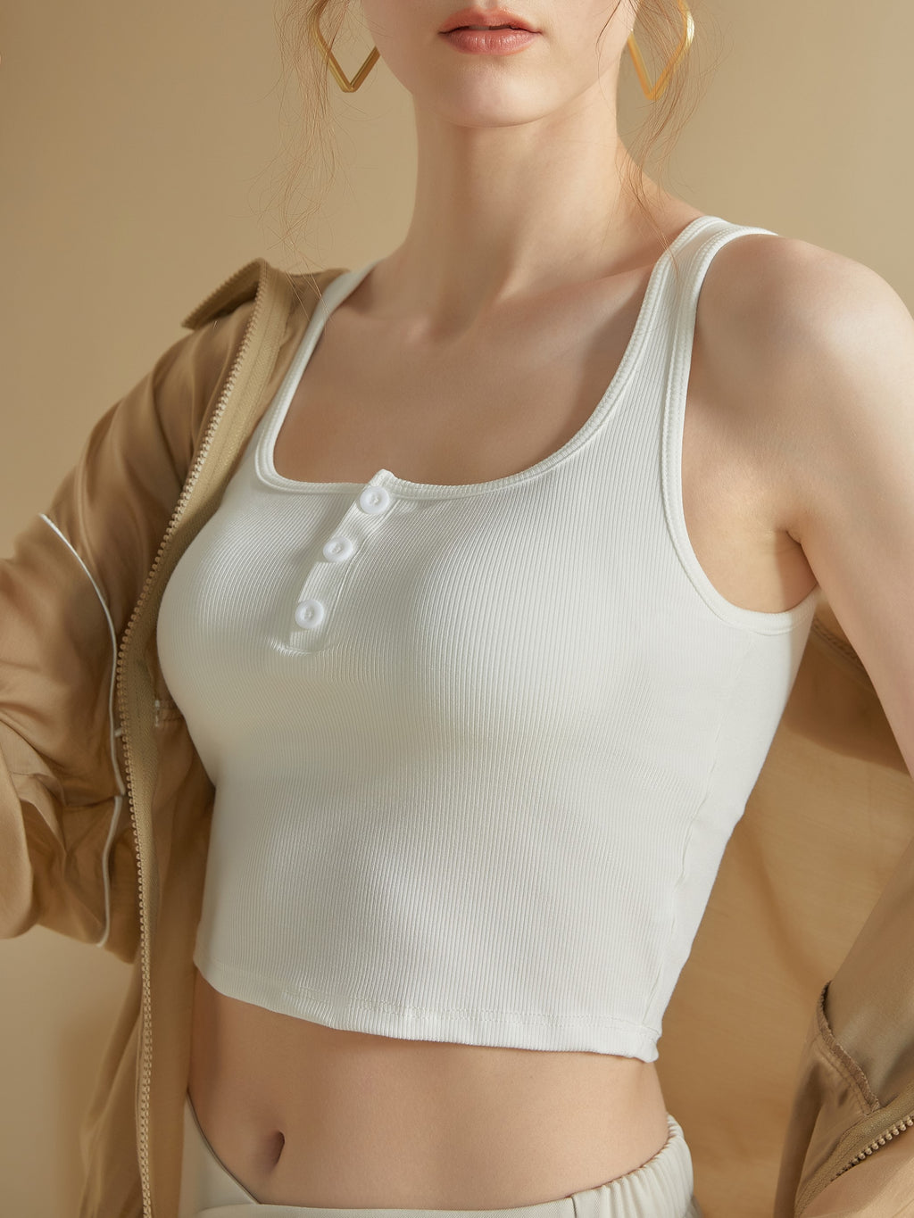 Square Neck Button Placket Bra Crop Tank - White - 5