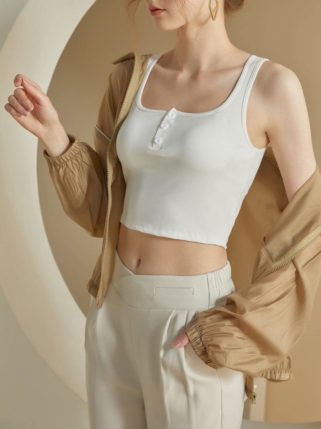 Square Neck Button Placket Bra Crop Tank - White - 6