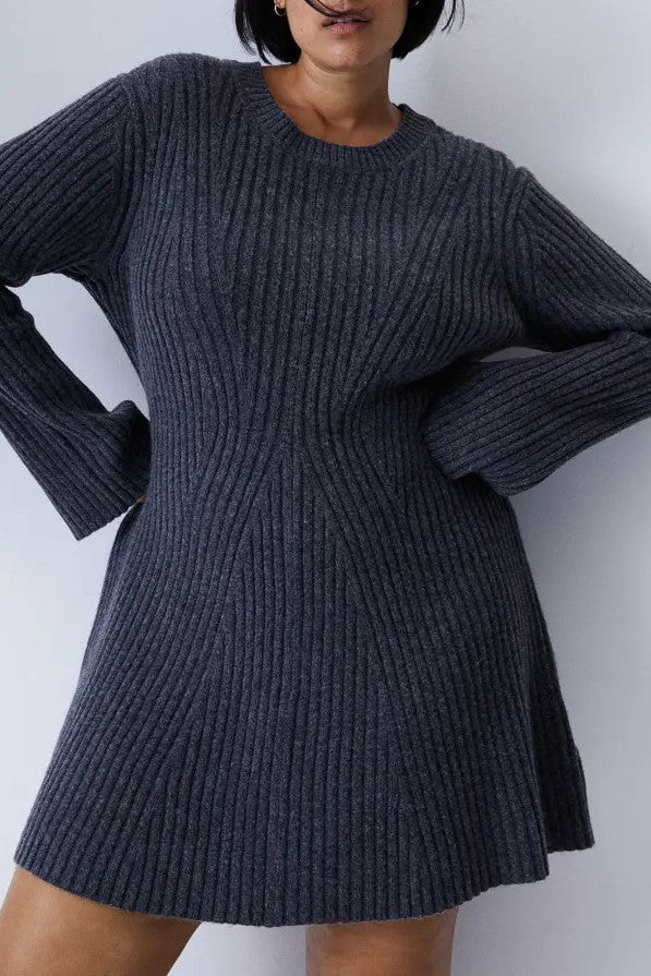 Long Sleeve Rib Knit Skater Dress - charcoal
