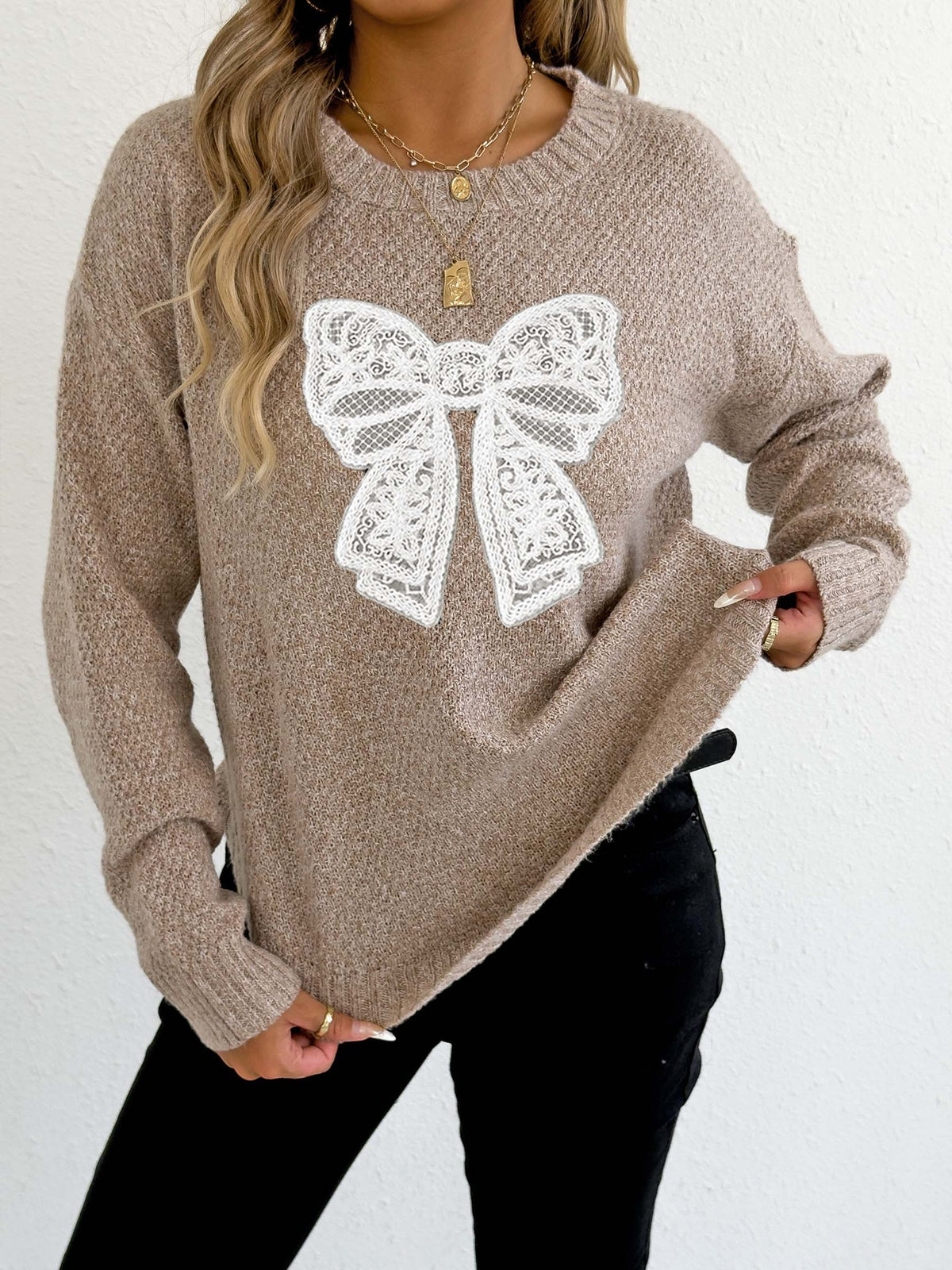 Lace Bow Applique Knit Pullover Sweater - Apricot
