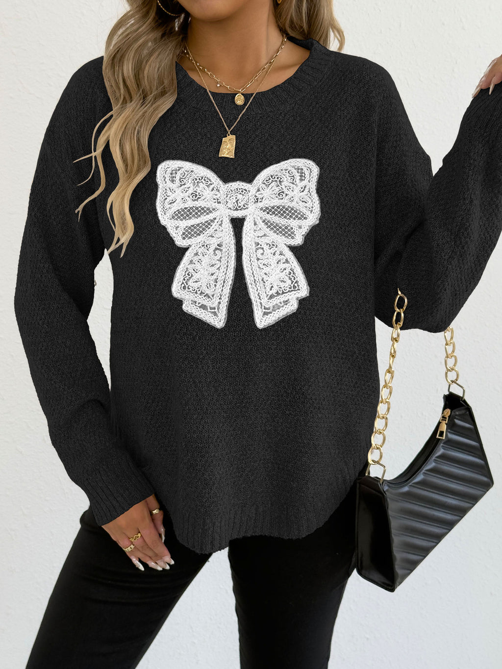 Lace Bow Applique Knit Pullover Sweater - Black