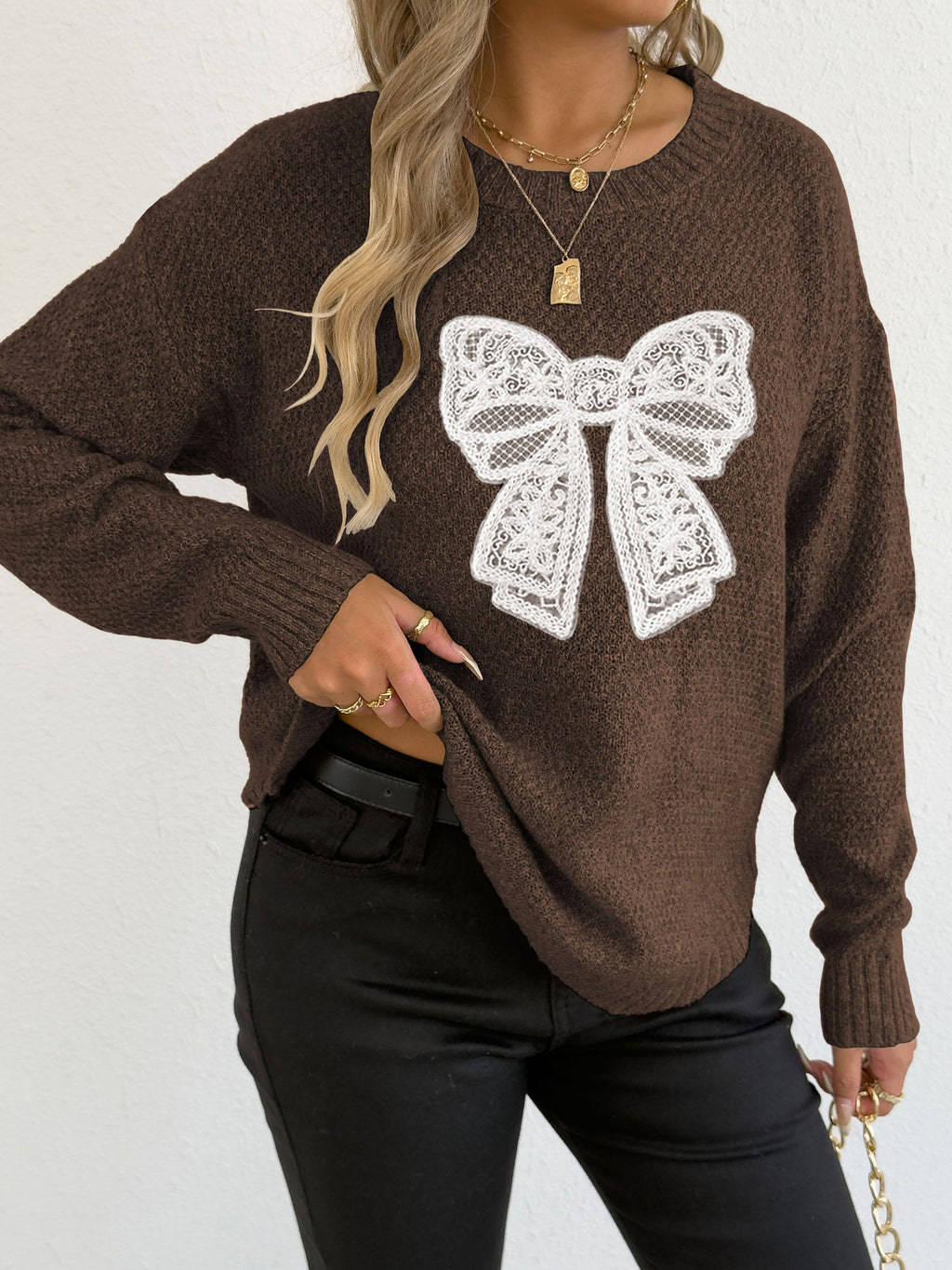 Lace Bow Applique Knit Pullover Sweater - Coffee