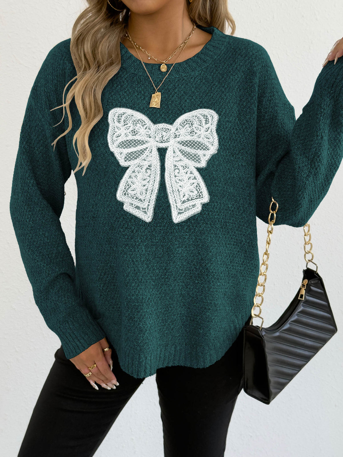 Lace Bow Applique Knit Pullover Sweater - DarkGreen