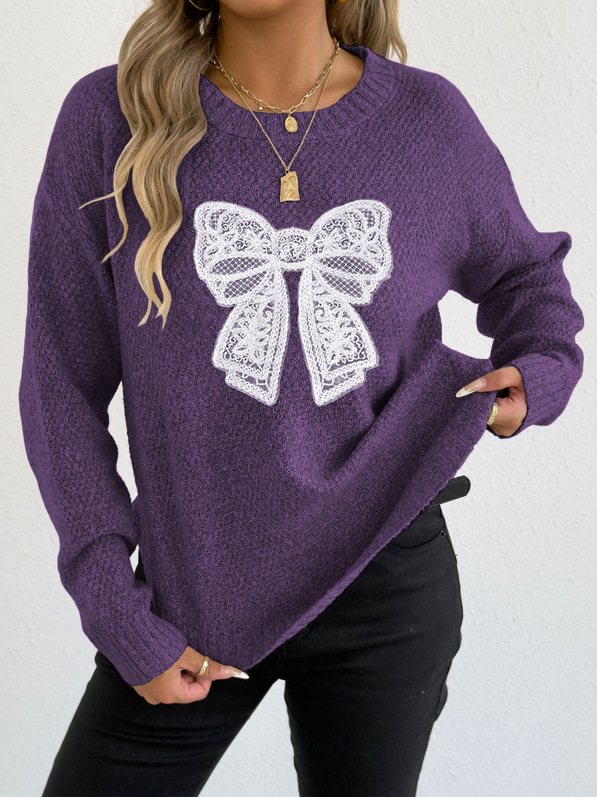 Lace Bow Applique Knit Pullover Sweater - Purple