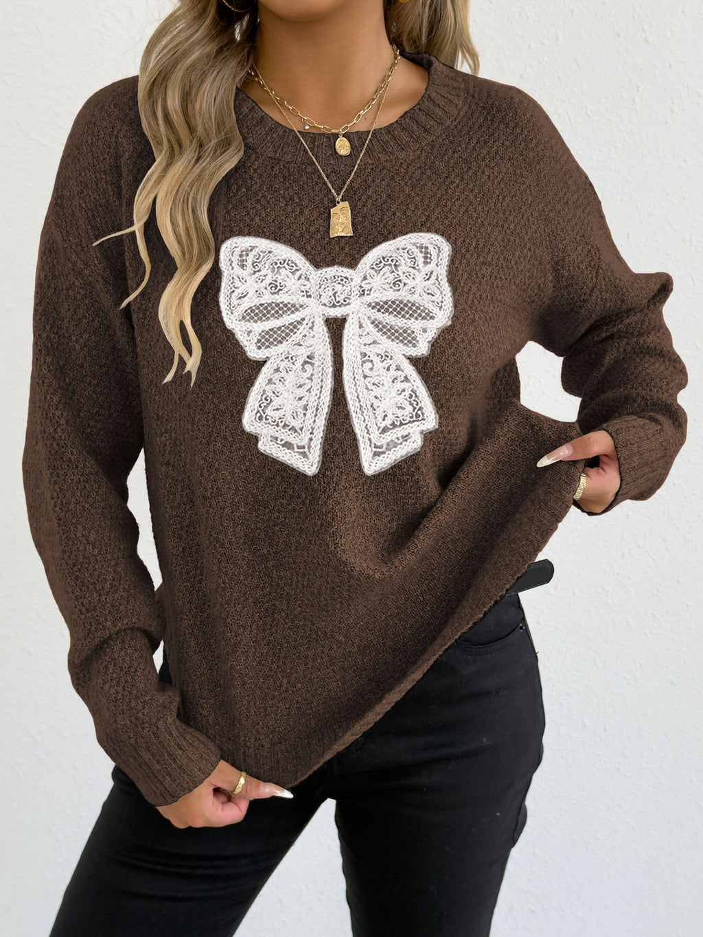 Lace Bow Applique Knit Pullover Sweater - view 1