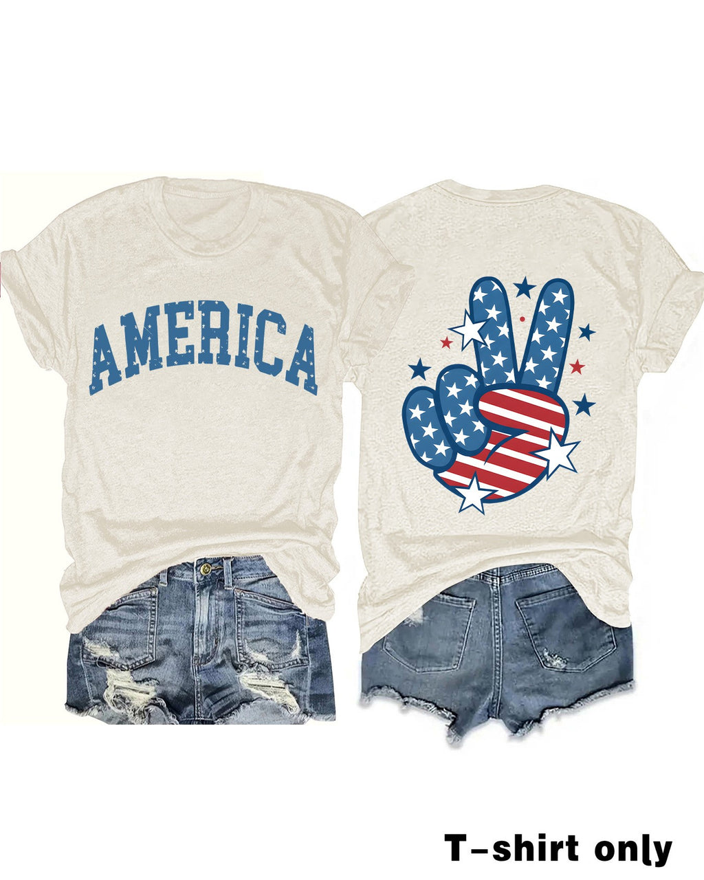 Flag Peace Hand Graphic Crew Neck Tee - Apricot