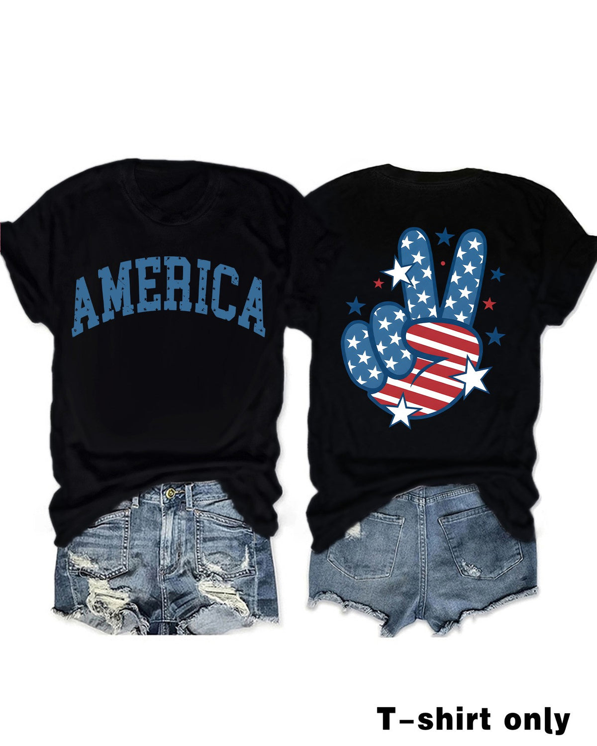 Flag Peace Hand Graphic Crew Neck Tee - Black