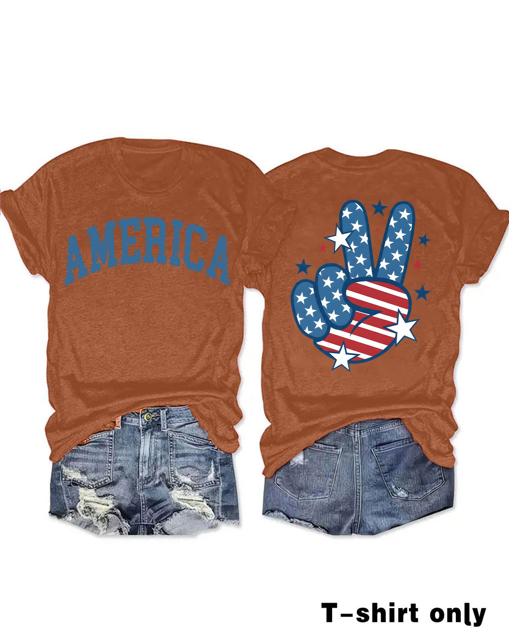 Flag Peace Hand Graphic Crew Neck Tee - Brown