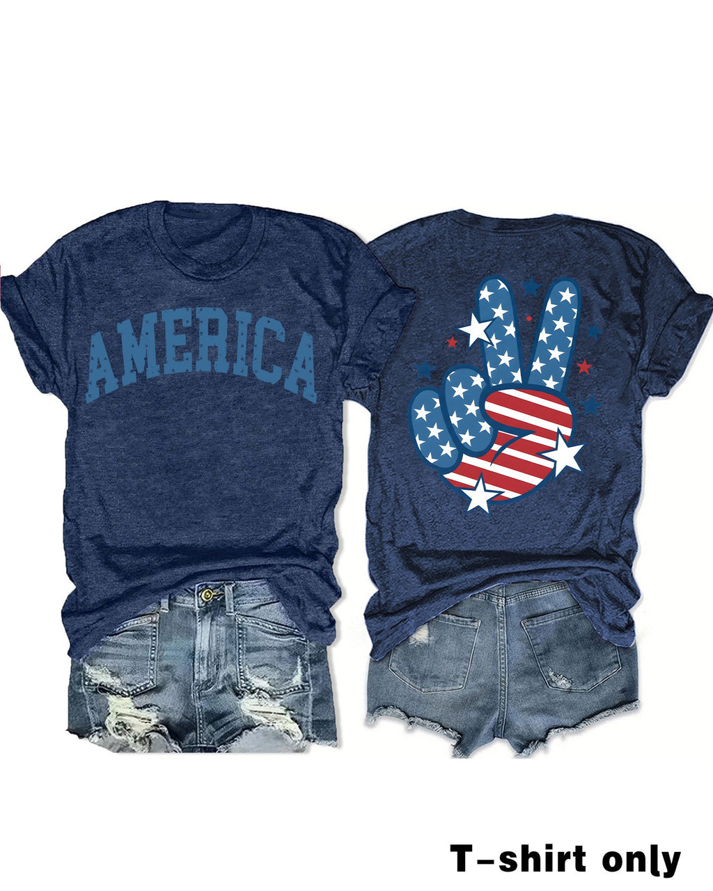 Flag Peace Hand Graphic Crew Neck Tee - DarkBlue