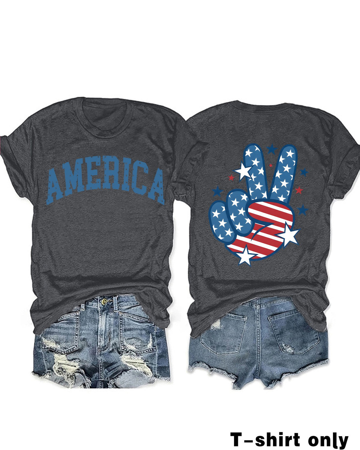 Flag Peace Hand Graphic Crew Neck Tee - DarkGrey