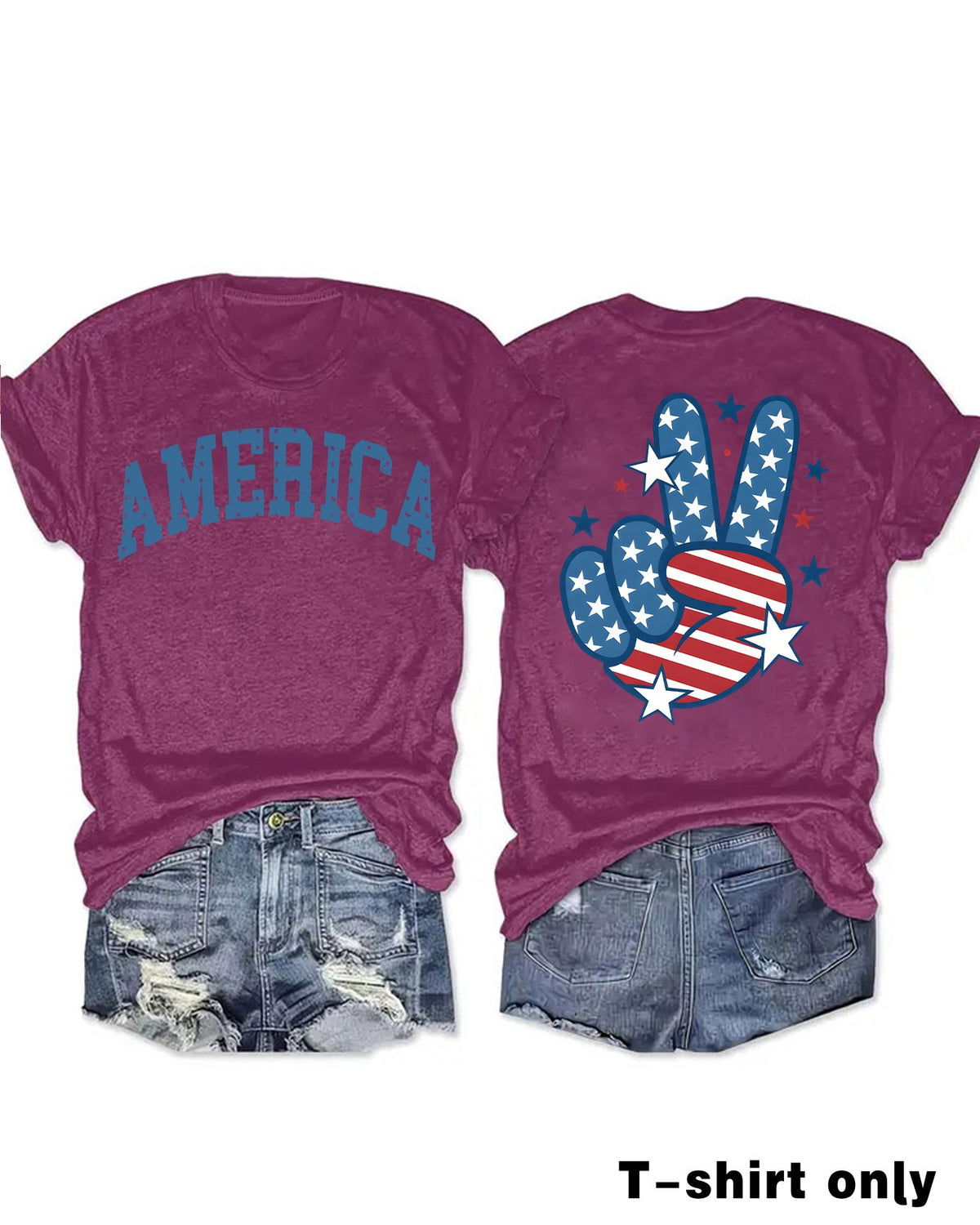 Flag Peace Hand Graphic Crew Neck Tee - Purple