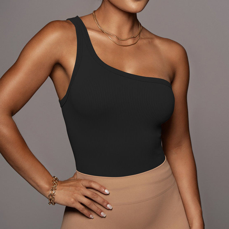 Ribbed One Shoulder Cropped Tank Top - Black