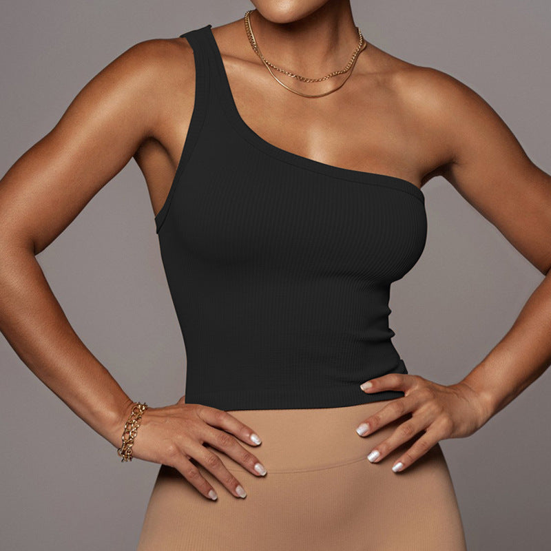 Ribbed One Shoulder Cropped Tank Top - Black - 1
