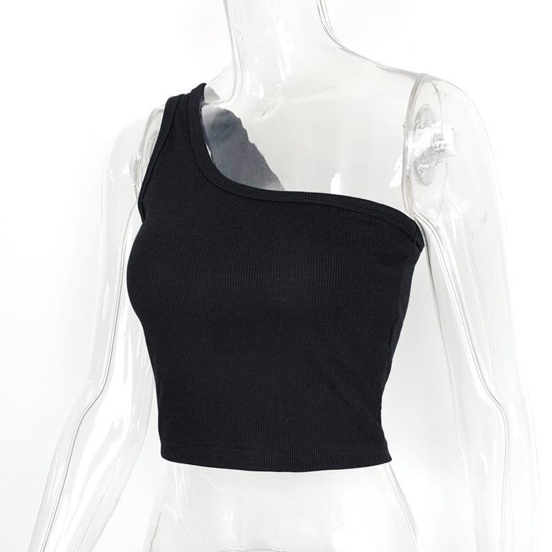Ribbed One Shoulder Cropped Tank Top - Black - 3