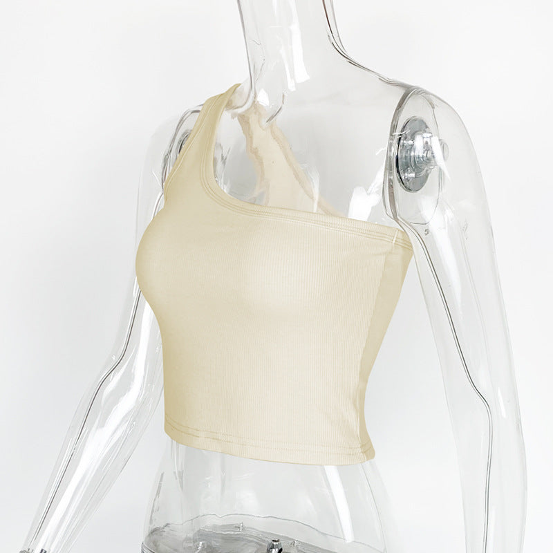 Ribbed One Shoulder Cropped Tank Top - Khaki - 3