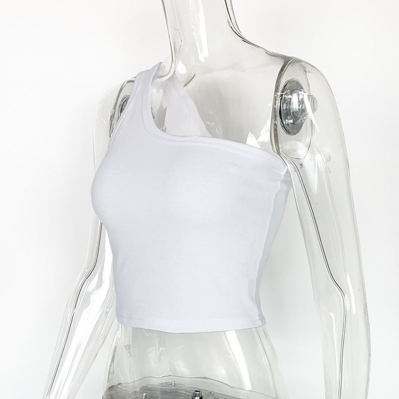 Ribbed One Shoulder Cropped Tank Top - White - 2