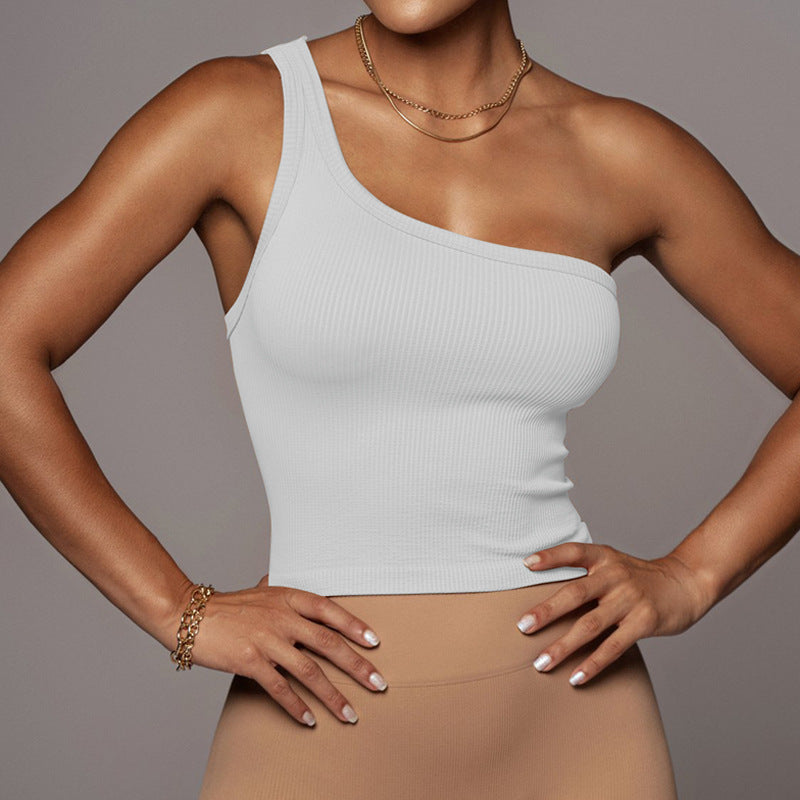 Ribbed One Shoulder Cropped Tank Top - White - 4