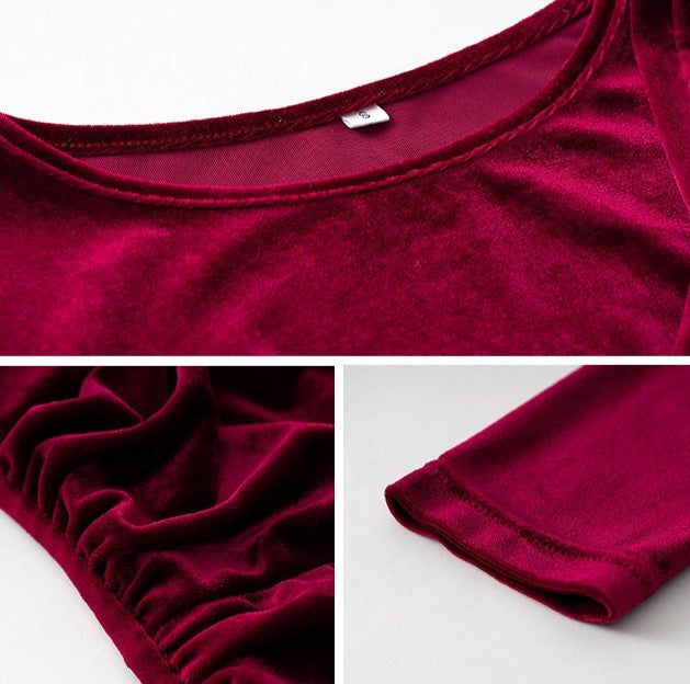Velvet Ruched Long Sleeve Bodycon Mini Dress - Winered - 1