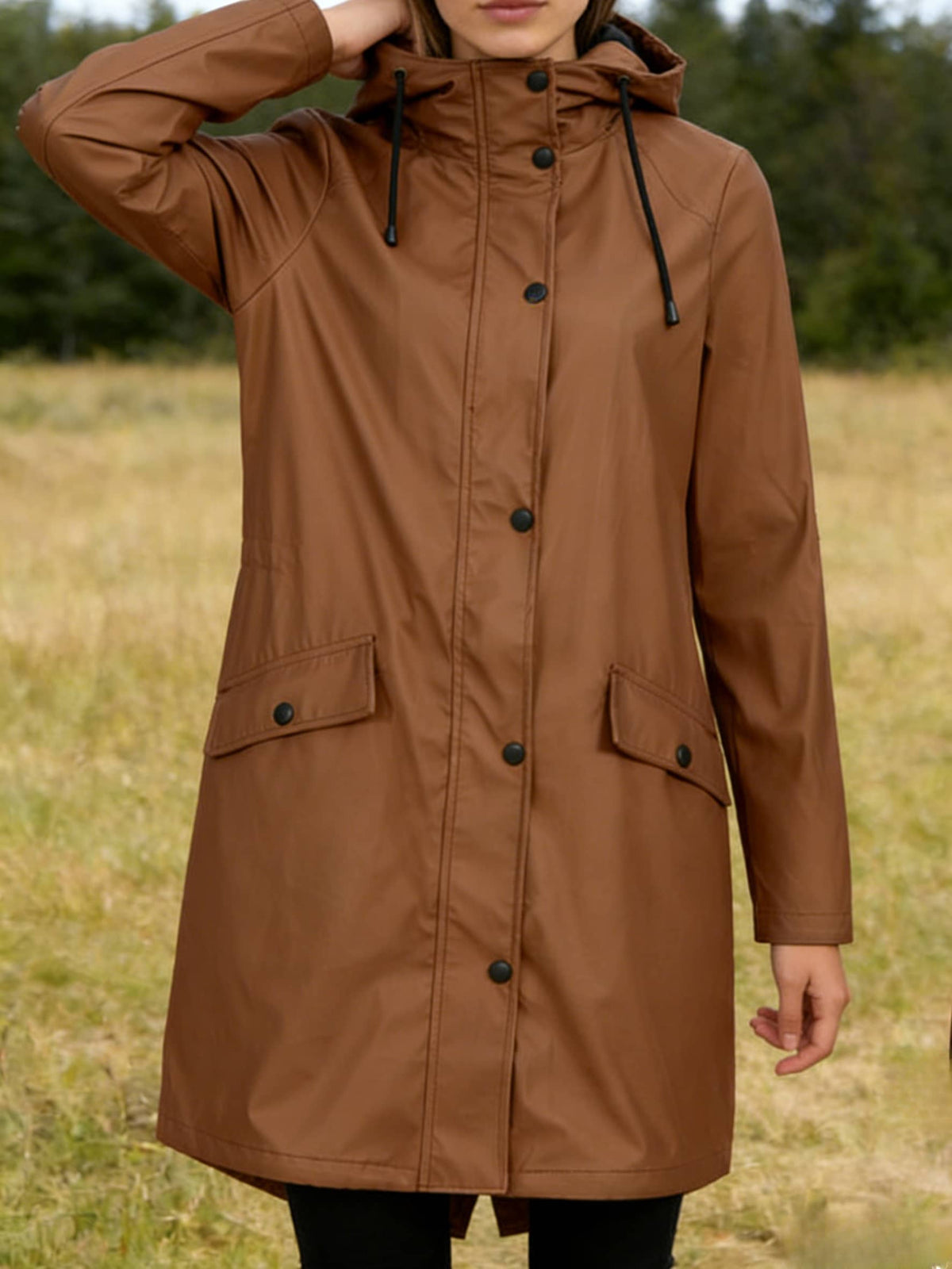 Hooded Longline Windbreaker Rain Trench Coat - Coffee - 1