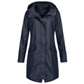Hooded Longline Windbreaker Rain Parka - Navyblue