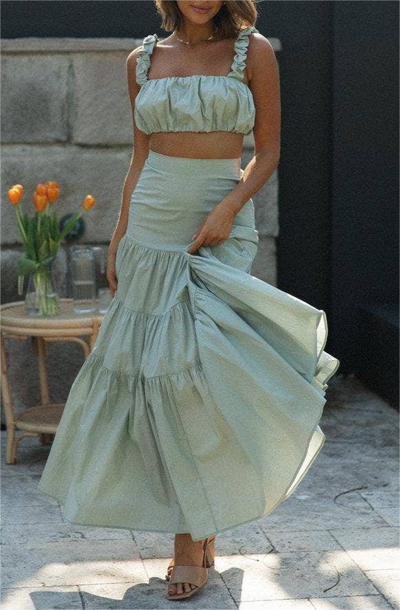 Shirred Crop Top and Tiered Maxi Skirt Set