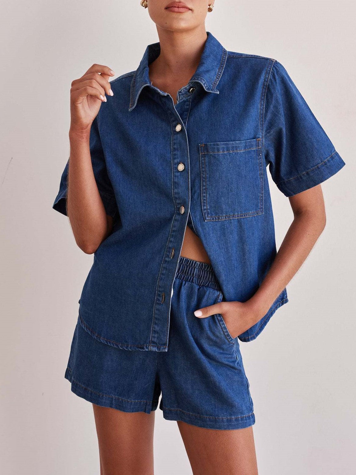 Denim Camp Shirt And Shorts Set - DkBlueSet