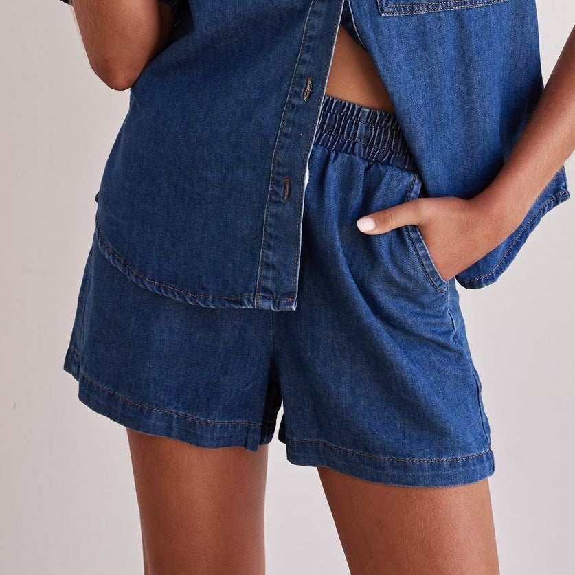 Denim Camp Shirt And Shorts Set - DkBlue_S