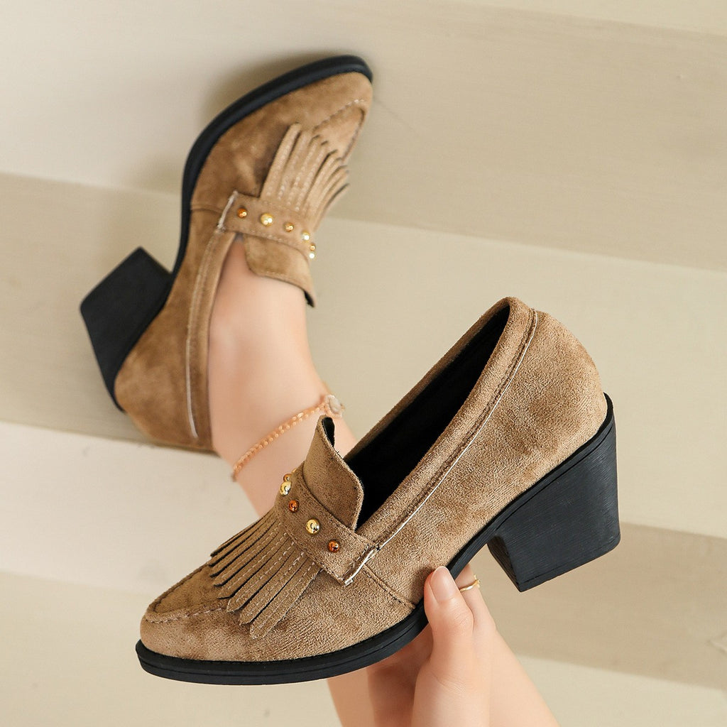 Faux Suede Fringe Block Heel Loafers