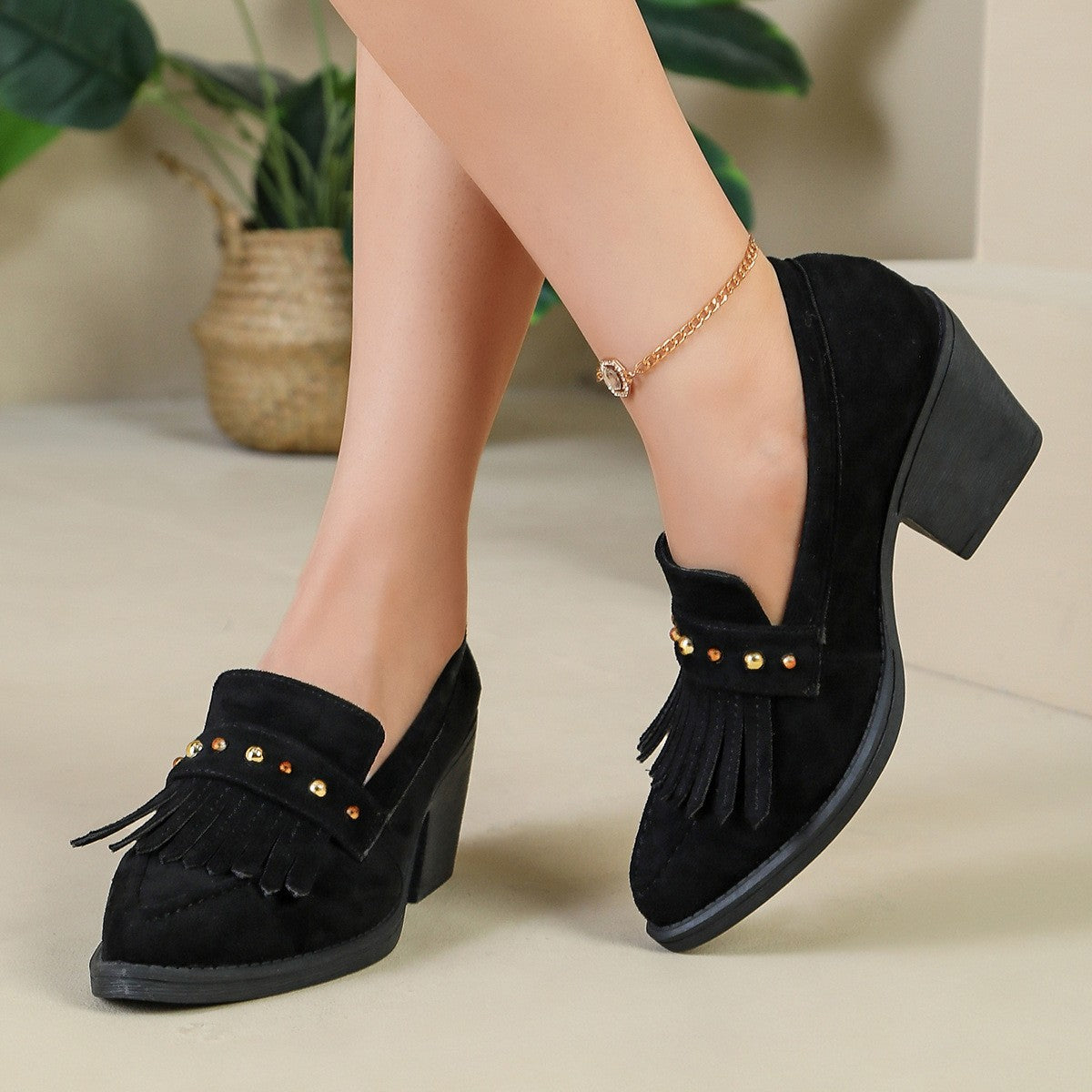 Faux Suede Fringe Block Heel Loafers