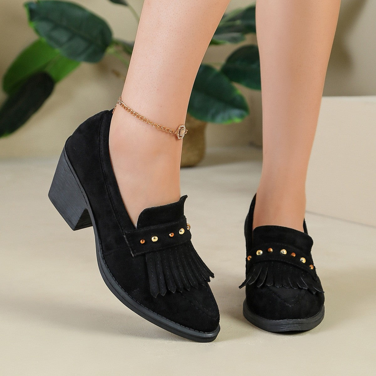 Faux Suede Fringe Block Heel Loafers