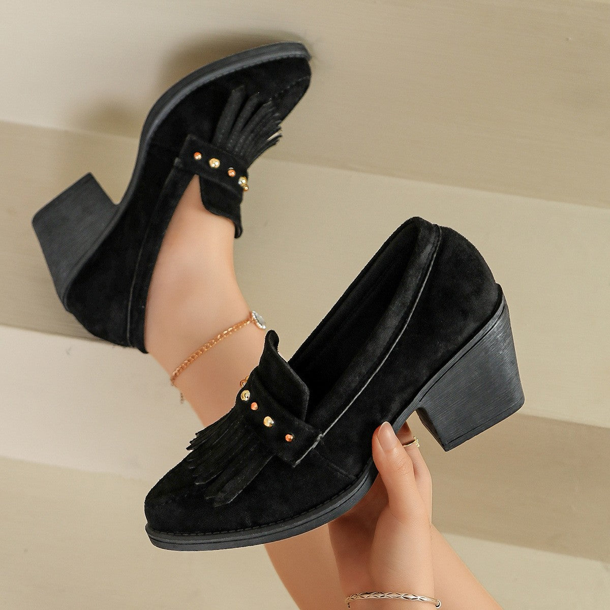 Faux Suede Fringe Block Heel Loafers