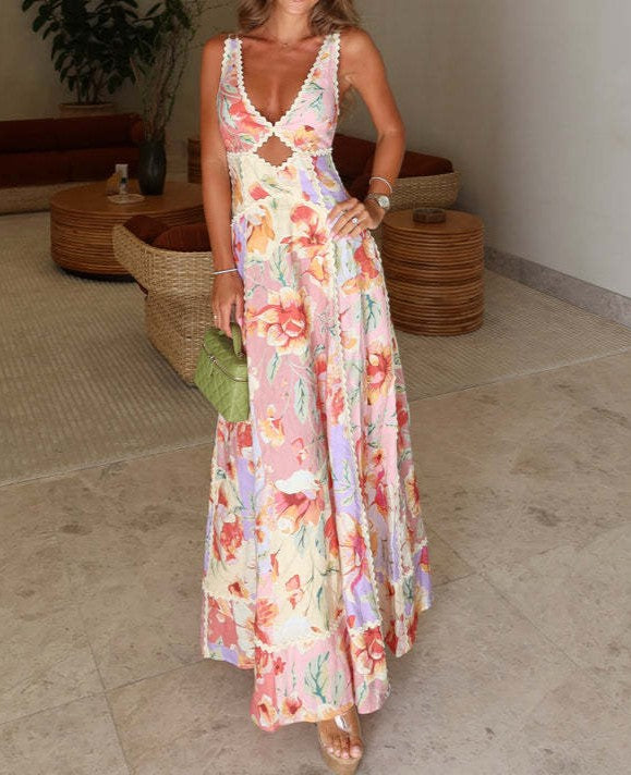 Floral Print Lace Up Back Maxi Dress - Pink