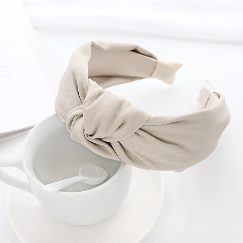 Faux Leather Knotted Wide Headband - Beige