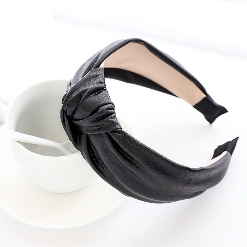 Faux Leather Knotted Wide Headband - Black