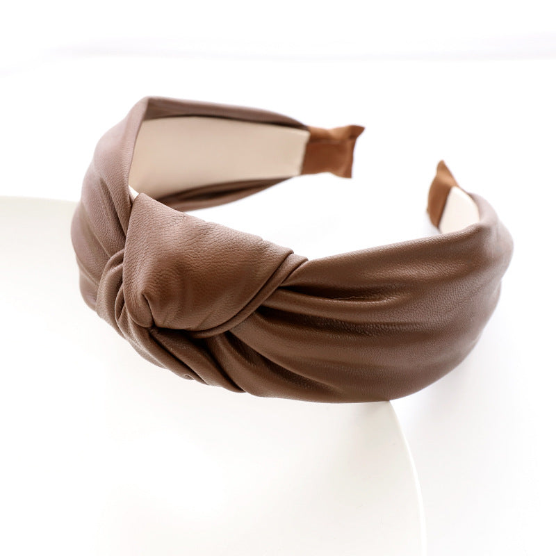 Faux Leather Knotted Wide Headband - Coffee
