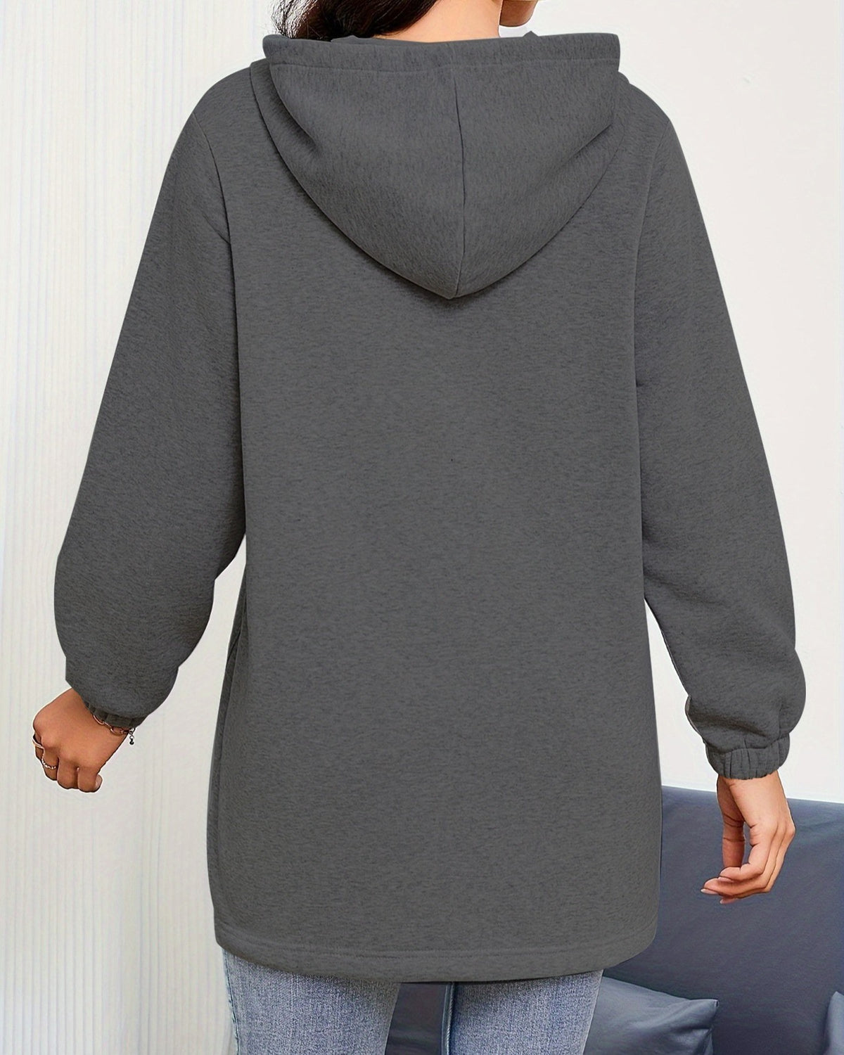 Longline Zip Front Hooded Jacket - Dark-Gray - 1