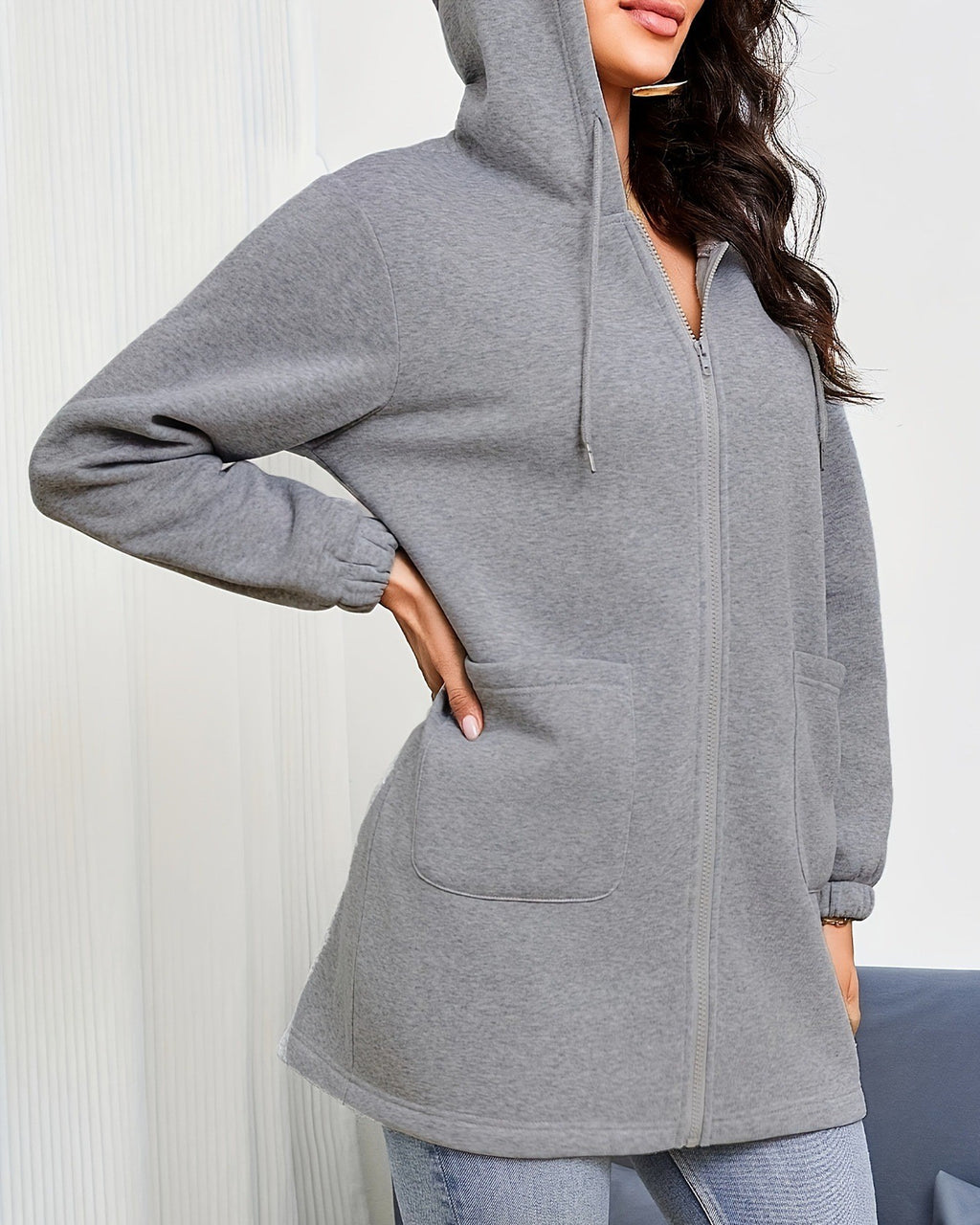 Longline Zip Front Hooded Jacket - Grey - 1