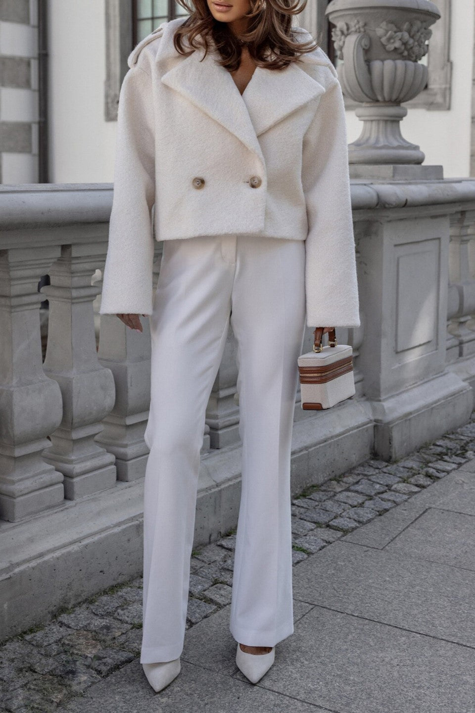 Cropped Double Breasted Notch Lapel Blazer - white - 2