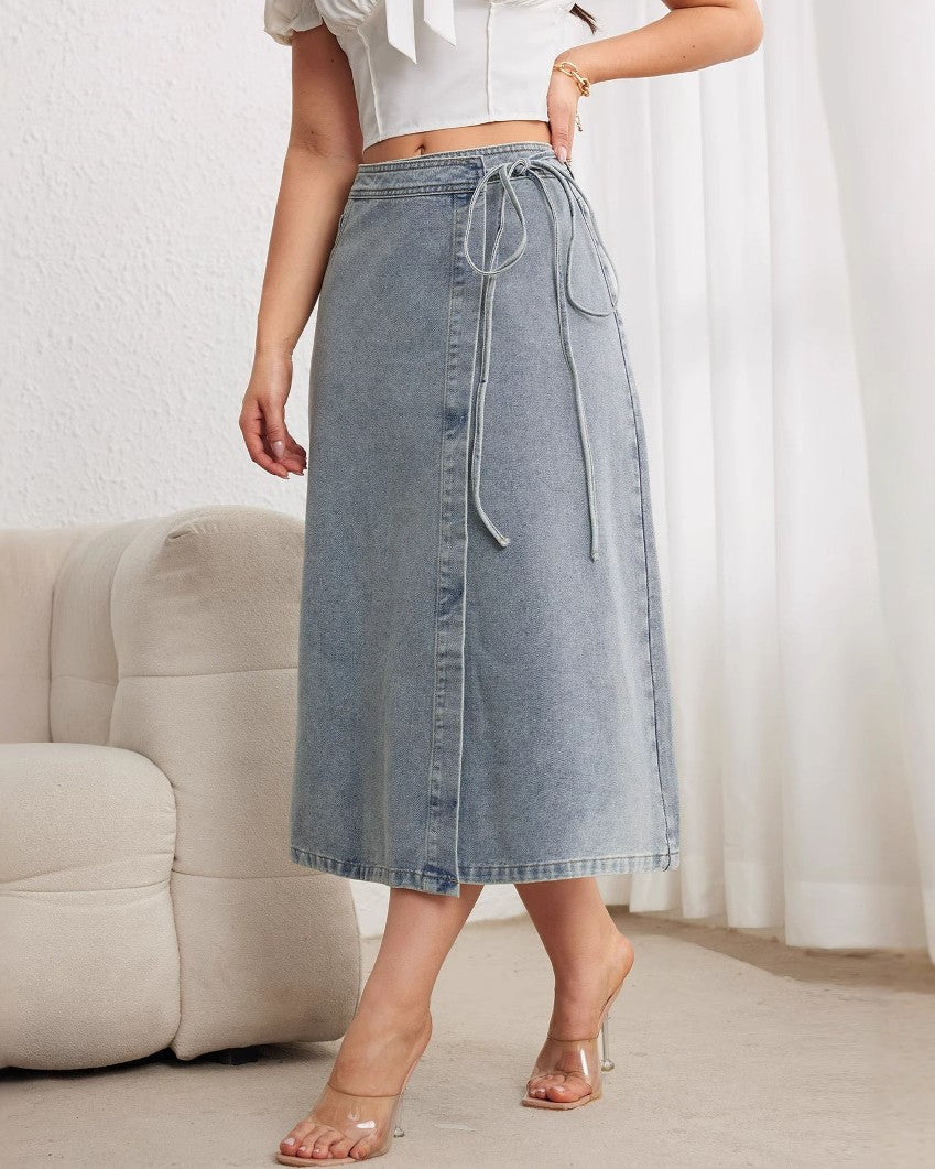 Button Front Midi Denim Wrap Skirt - Blue