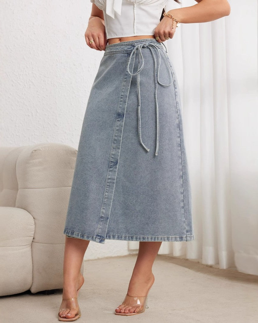 Button Front Midi Denim Wrap Skirt - Blue - 1