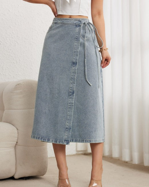 Button Front Midi Denim Wrap Skirt - Blue - 2
