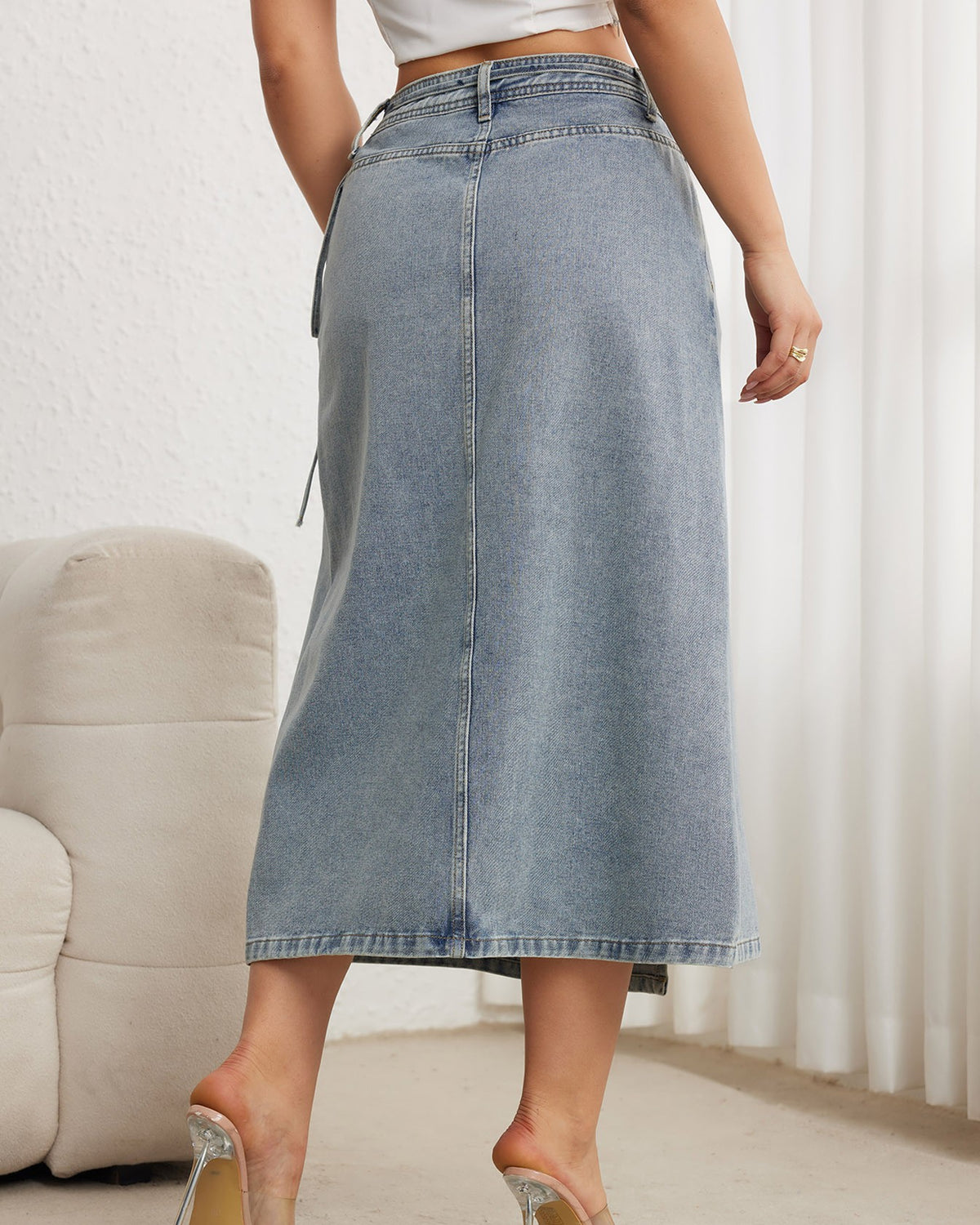 Button Front Midi Denim Wrap Skirt - Blue - 3