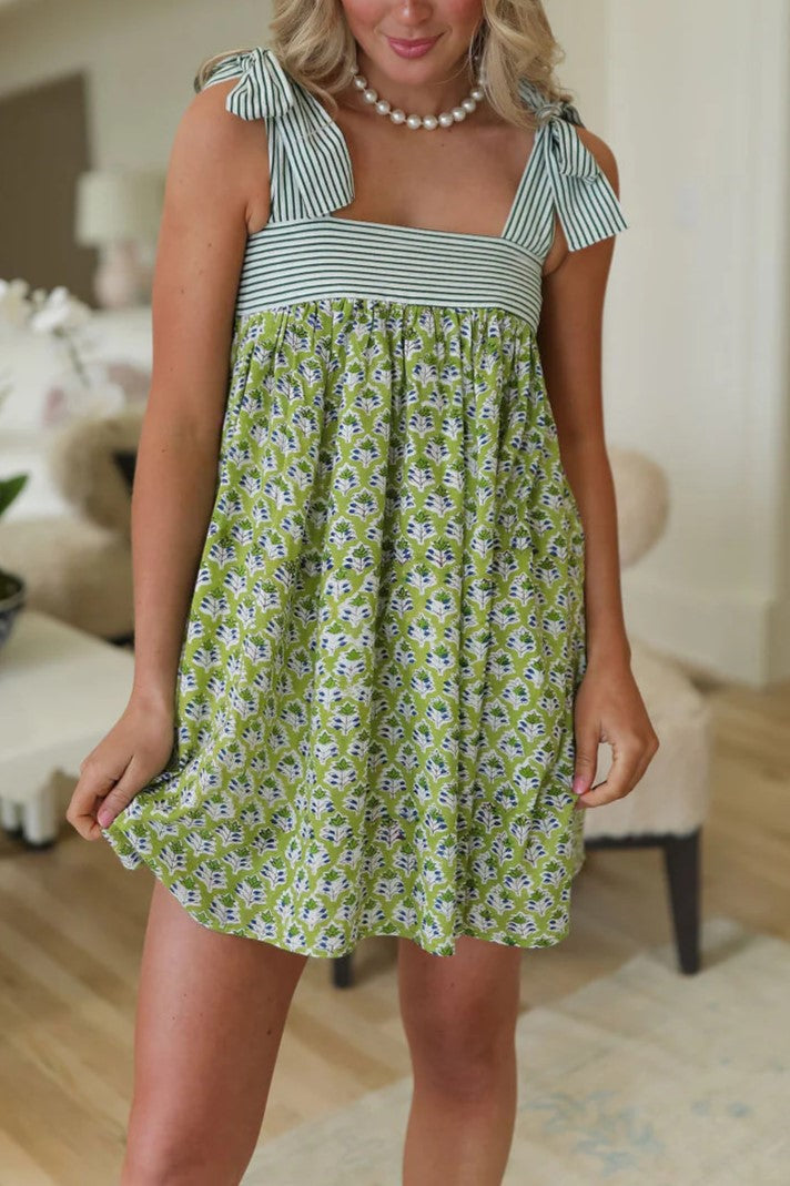 Bow Tie Strap Babydoll Mini Dress - green