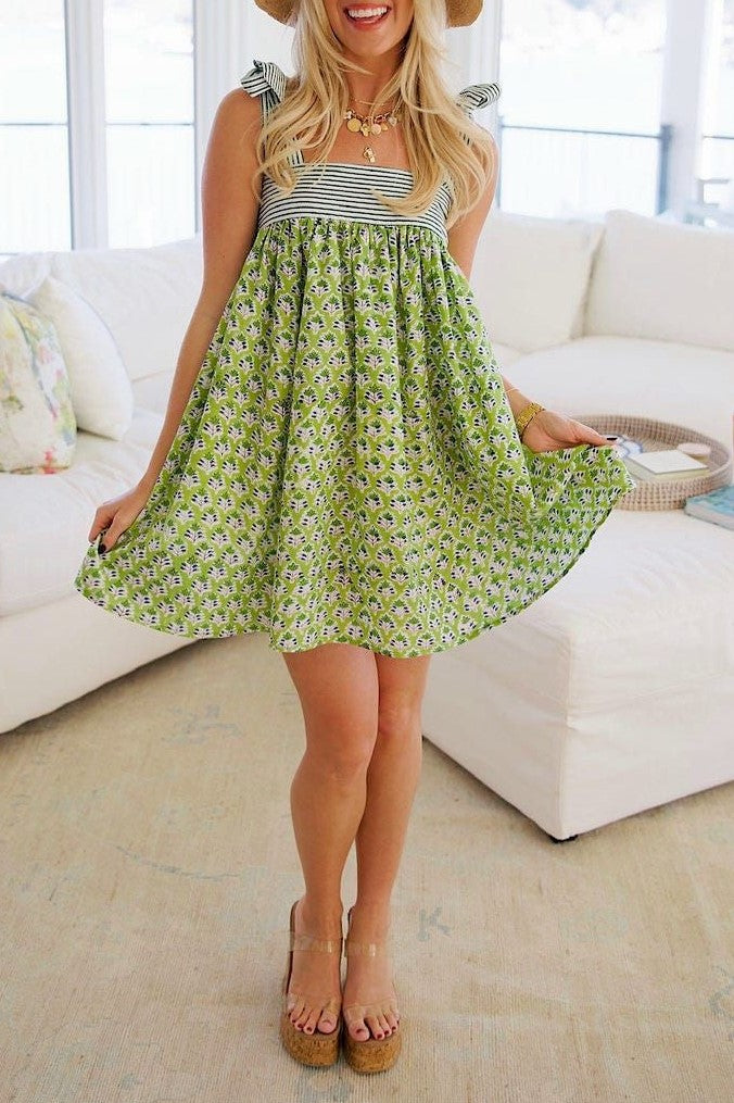 Bow Tie Strap Babydoll Mini Dress - green - 4