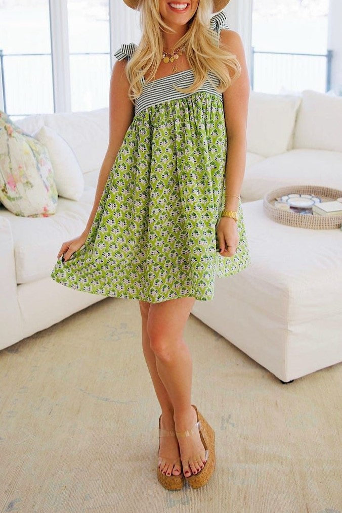 Bow Tie Strap Babydoll Mini Dress - green - 6