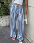 Vertical Stripe Wide Leg Drawstring Pants - Blue