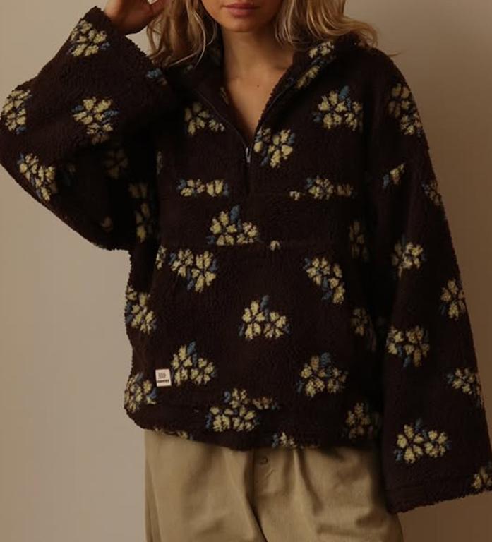 Daisy Print Sherpa Quarter Zip Sweatshirt - Cyan