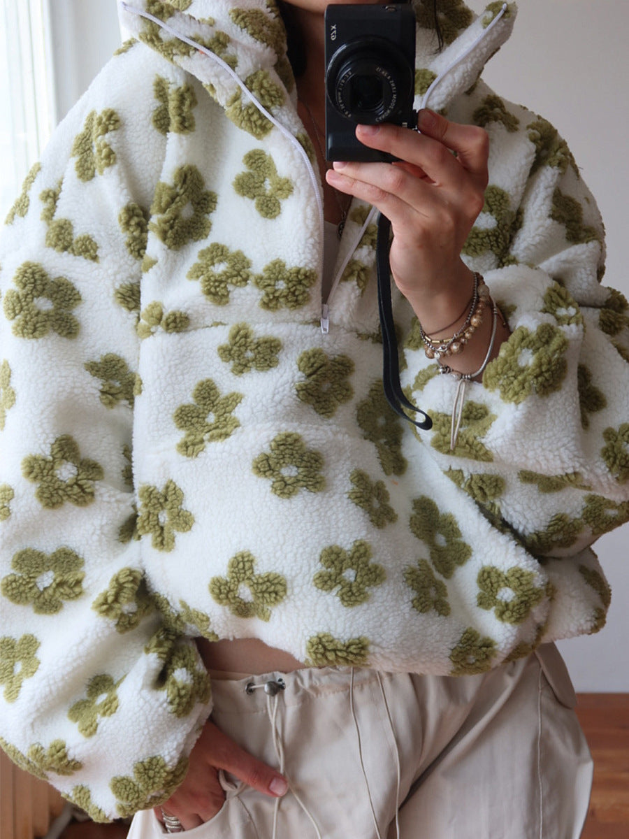 Daisy Print Sherpa Quarter Zip Sweatshirt - Green