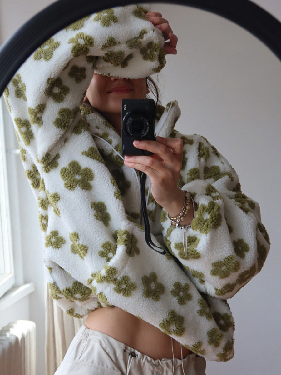Daisy Print Sherpa Quarter Zip Sweatshirt - Green - 1