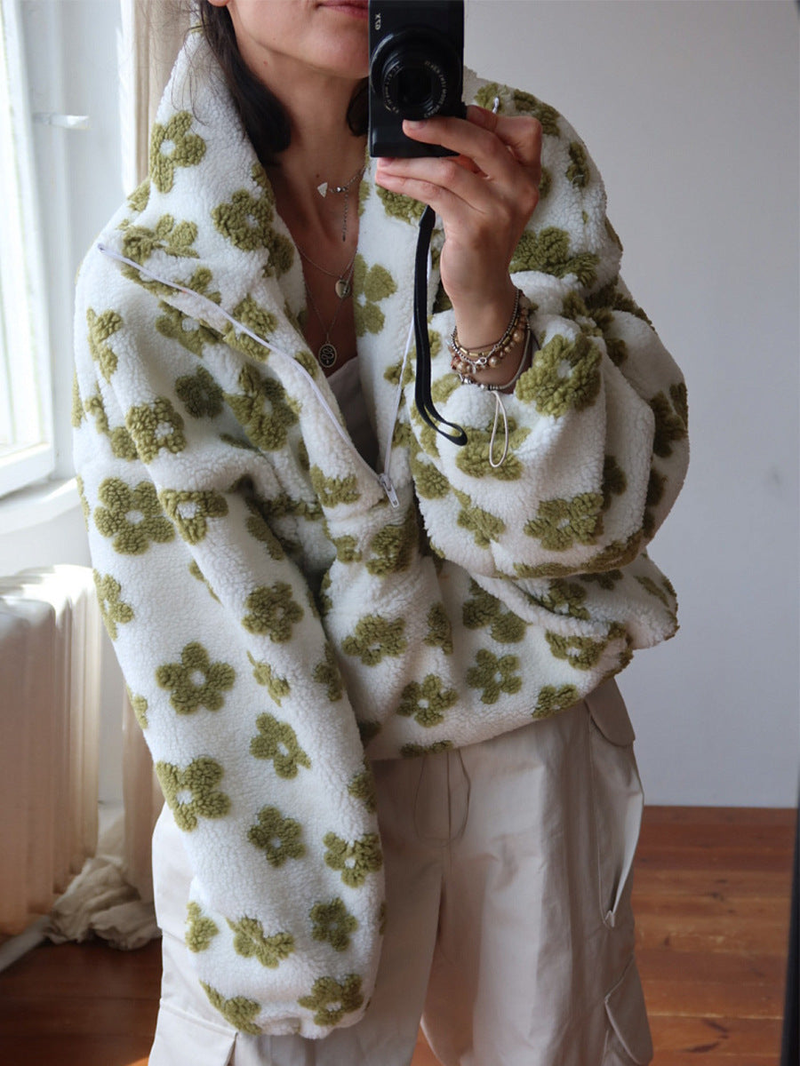 Daisy Print Sherpa Quarter Zip Sweatshirt - Green - 2